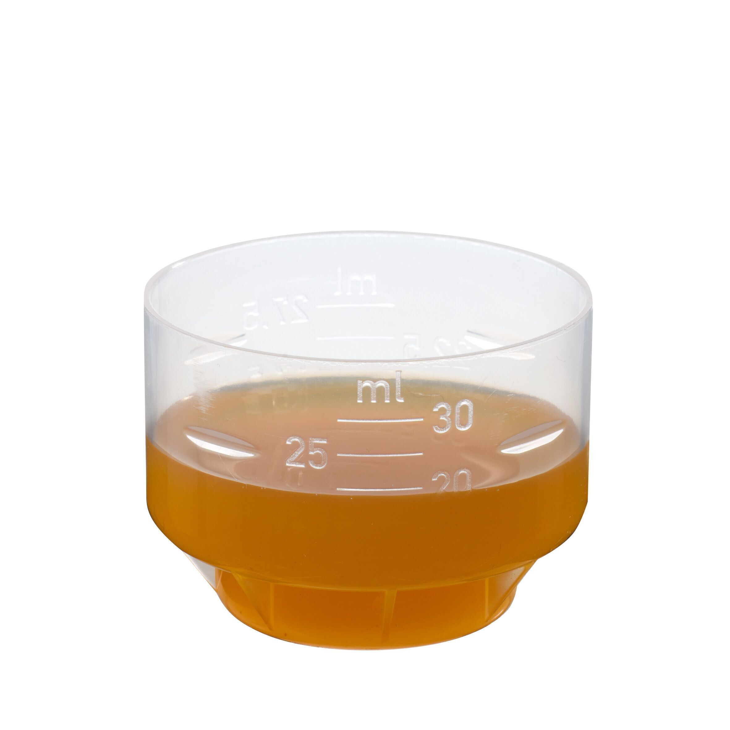Messbecher mit 25 ml Salus Magnesium Mineral-Drink, orangefarbene Flüssigkeit.