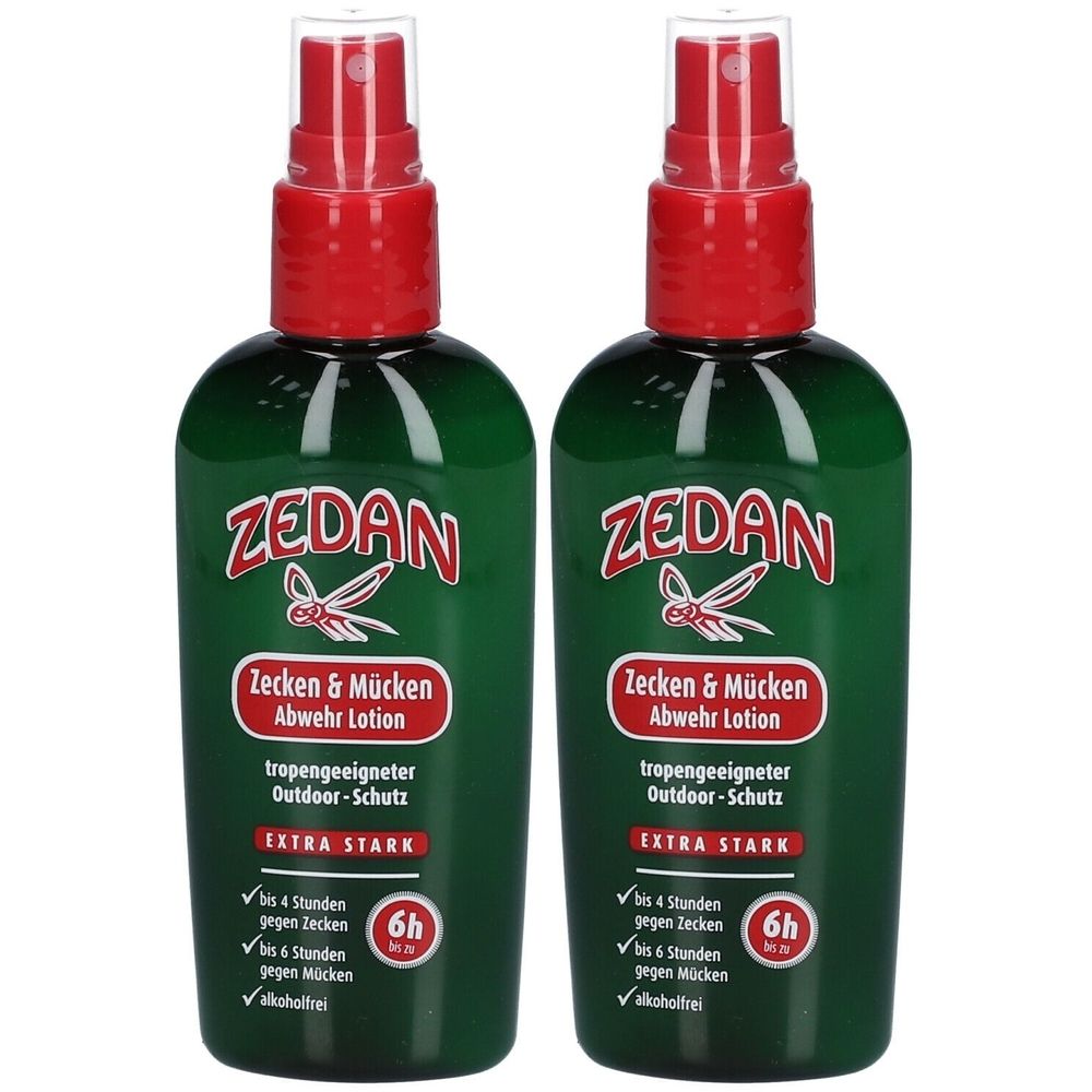 Zwei grüne Sprühflaschen mit rotem Deckel. Aufschrift: ZEDAN, Zecken & Mücken Abwehr Lotion. Extra stark. 6h Schutz.