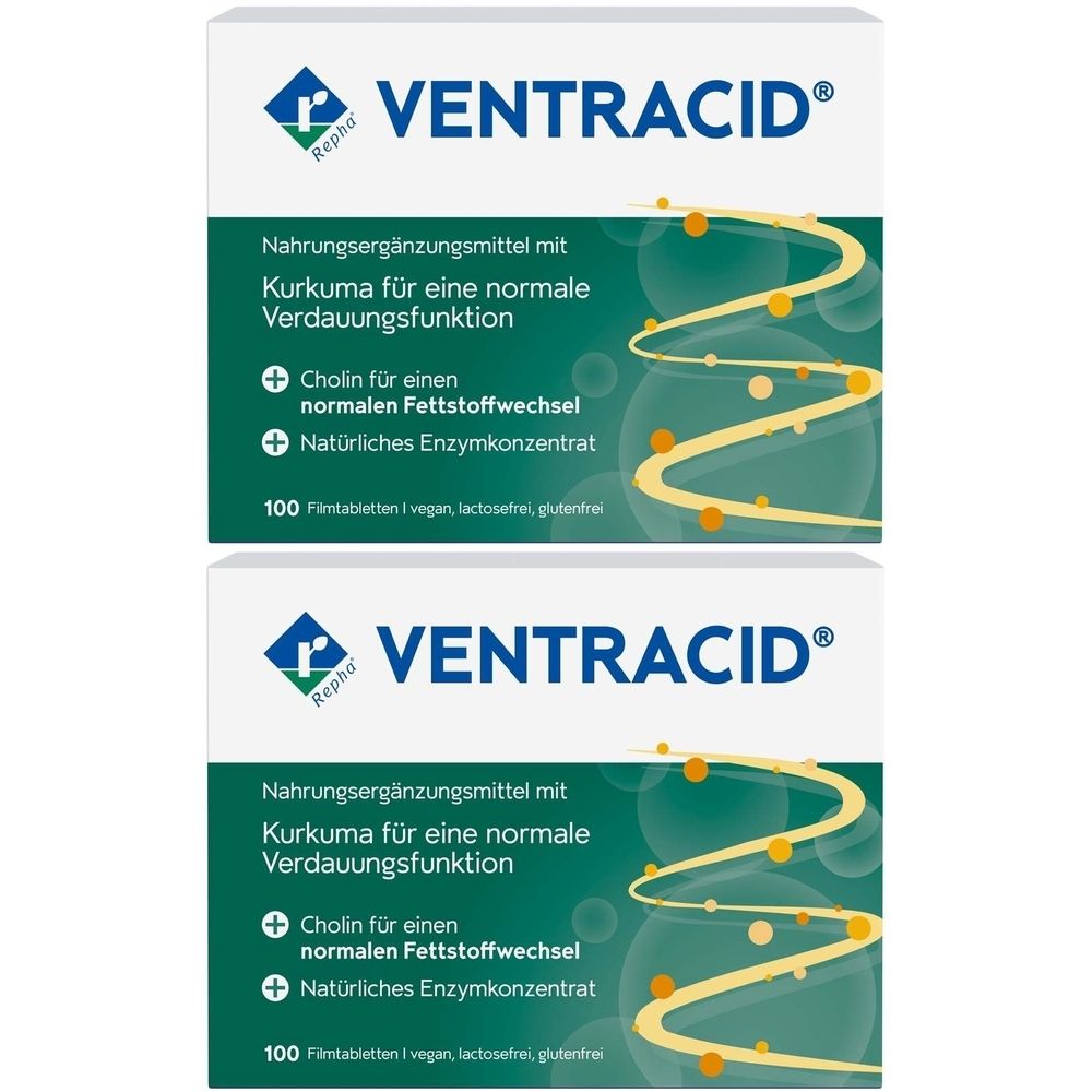 Zwei Packungen VENTRACID®. Weiße Schachteln mit blauem Logo und Produktnamen. Text: Nahrungsergänzungsmittel, Kurkuma, Cholin, Enzymkonzentrat. 100 Tabletten.