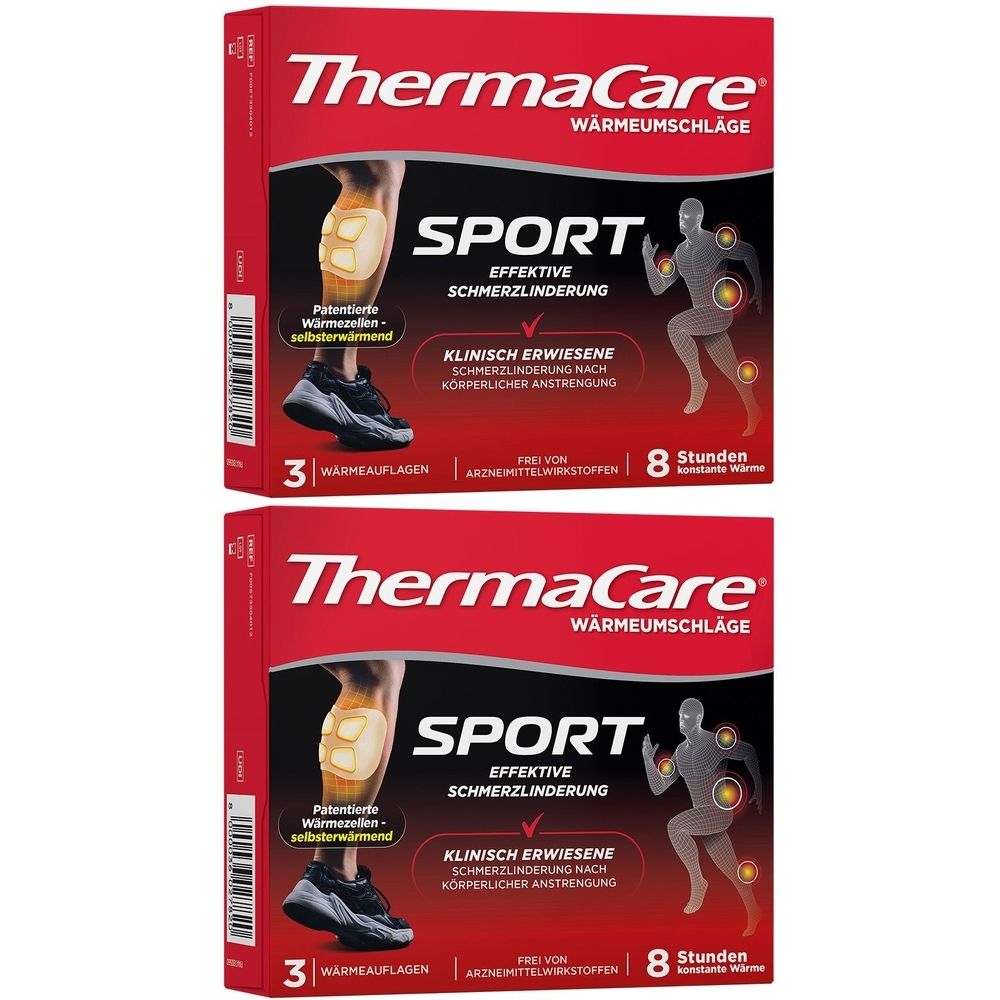 Zwei rote ThermaCare Sport Wärmeumschläge-Verpackungen. Aufdruck: Sport, effektive Schmerzlinderung, klinisch erwiesen, 3 Wärmeauflagen, 8 Stunden.