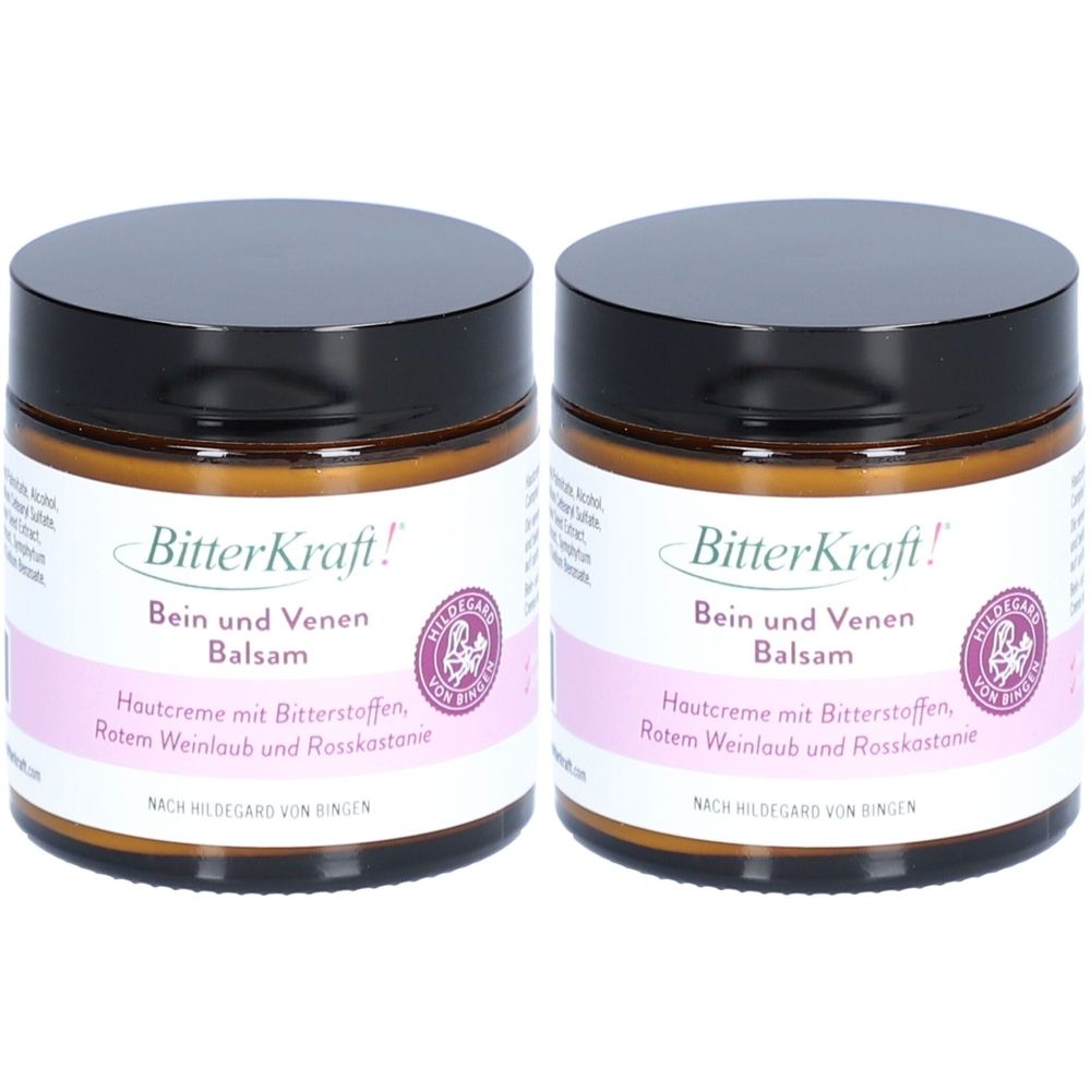 Zwei braune Tiegel mit schwarzem Deckel. Auf den Etiketten steht "BitterKraft! Bein und Venen Balsam".