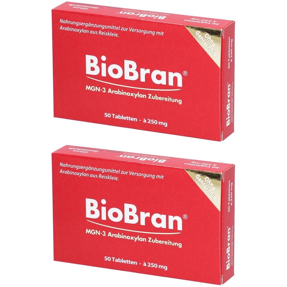 Zwei rote Schachteln mit "BioBran"-Aufdruck. Text: Nahrungsergänzungsmittel, MGN-3 Arabinoxylan Zubereitung, 50 Tabletten à 250 mg.