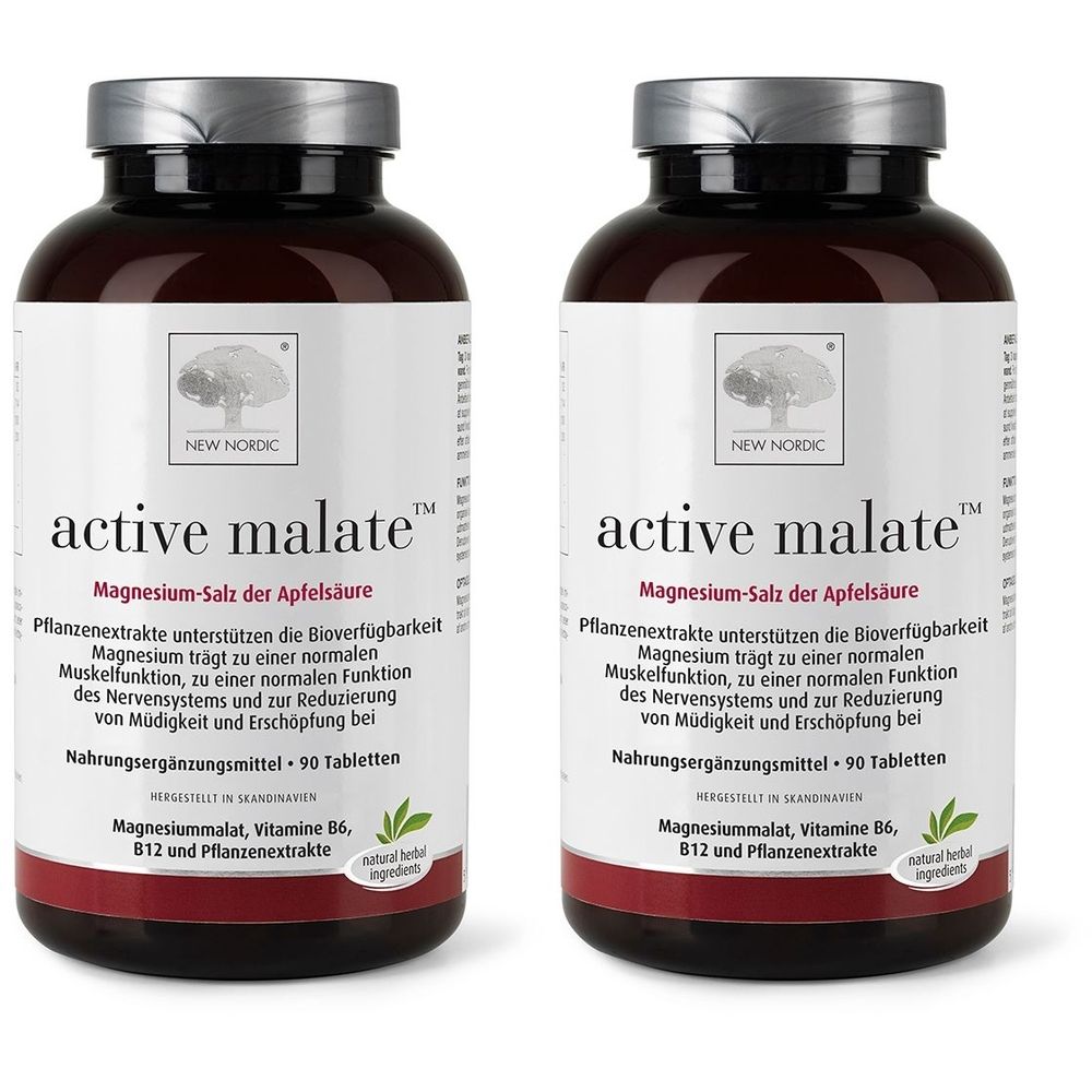 Zwei braune Flaschen mit silbernen Deckeln. Auf den Etiketten steht "NEW NORDIC active malate™". Text: Magnesium-Salz der Apfelsäure, Nahrungsergänzungsmittel.