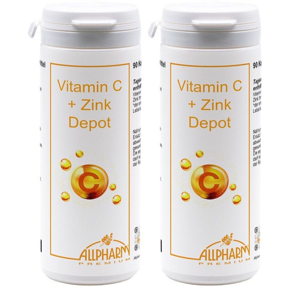Zwei weiße Flaschen mit Deckel. Aufschrift: Vitamin C + Zink Depot. Logo: Allpharm Premium. Gelbe Illustrationen.