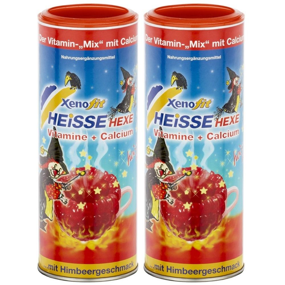 Zwei zylindrische Dosen mit rotem Deckel. Aufschrift: Xenofit Heisse Hexe, Vitamin + Calcium. Abbildung einer Hexe und einer Tasse mit Sternen.