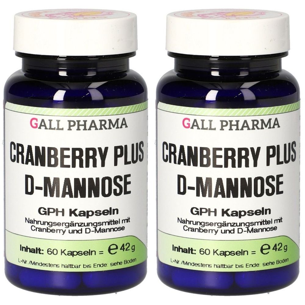 Zwei Flaschen mit dem Produkt CRANBERRY PLUS D-MANNOSE. Blaue Flaschen mit weißem Deckel und Etikett. Text: GALL PHARMA, 60 Kapseln.