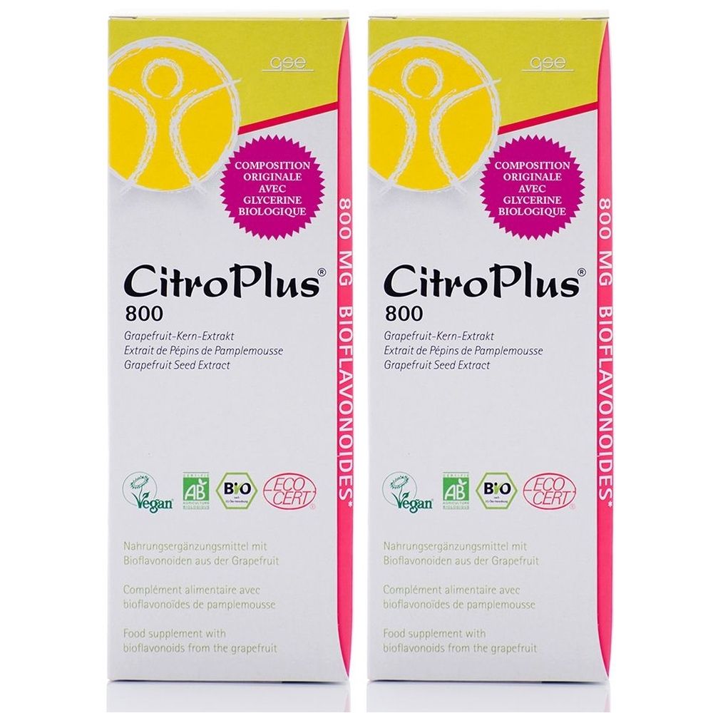 Zwei Packungen CitroPlus 800. Weiße Verpackung mit pinken Akzenten. Text: 800 MG BIOFLAVONOIDES, CitroPlus, 800, Grapefruit-Kern-Extrakt.