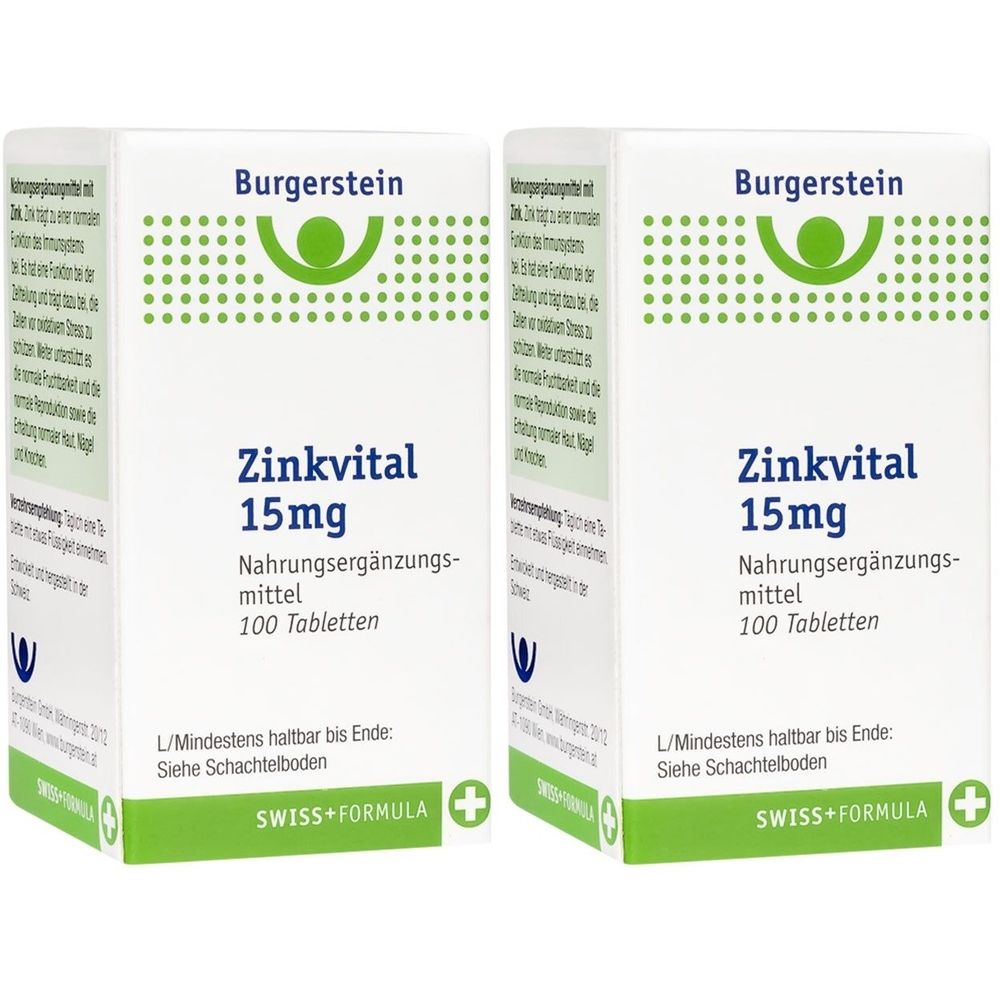 Zwei weiße Schachteln mit der Aufschrift "Burgerstein Zinkvital 15mg". Enthält 100 Tabletten. Swiss Formula. Grün-weiße Verpackung.
