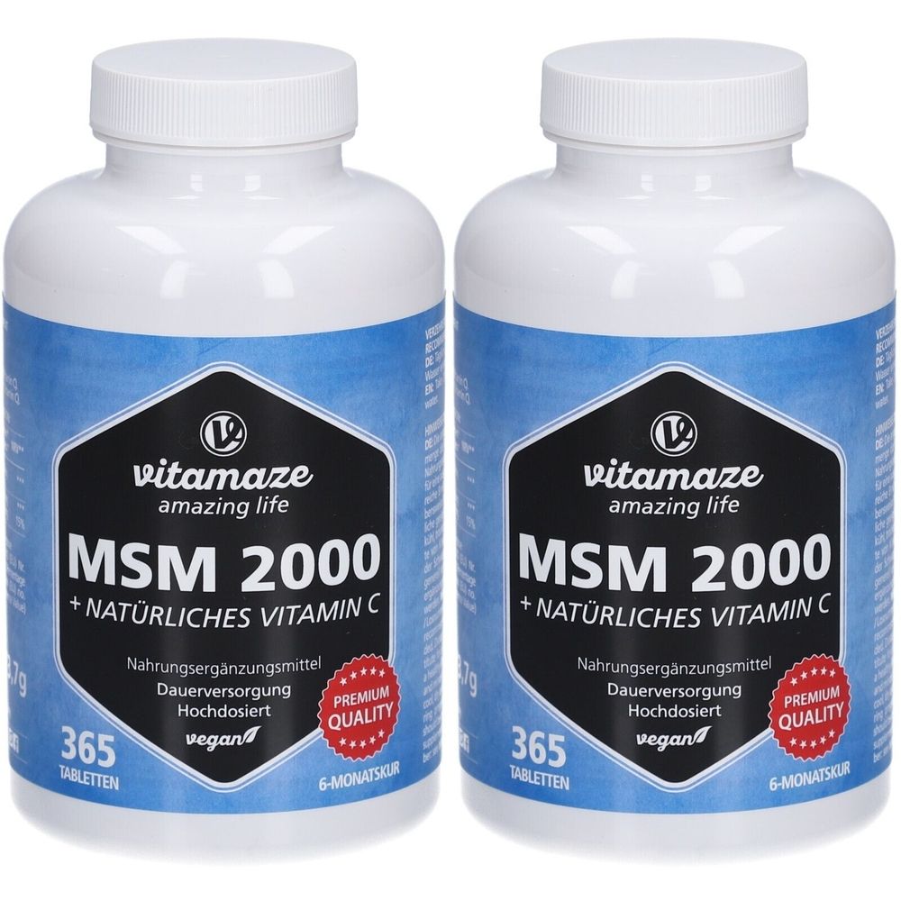 Zwei weiße Flaschen mit Schraubverschluss. Aufschrift: vitamaze, MSM 2000 + natürliches Vitamin C, 365 Tabletten, vegan, Premium Quality.
