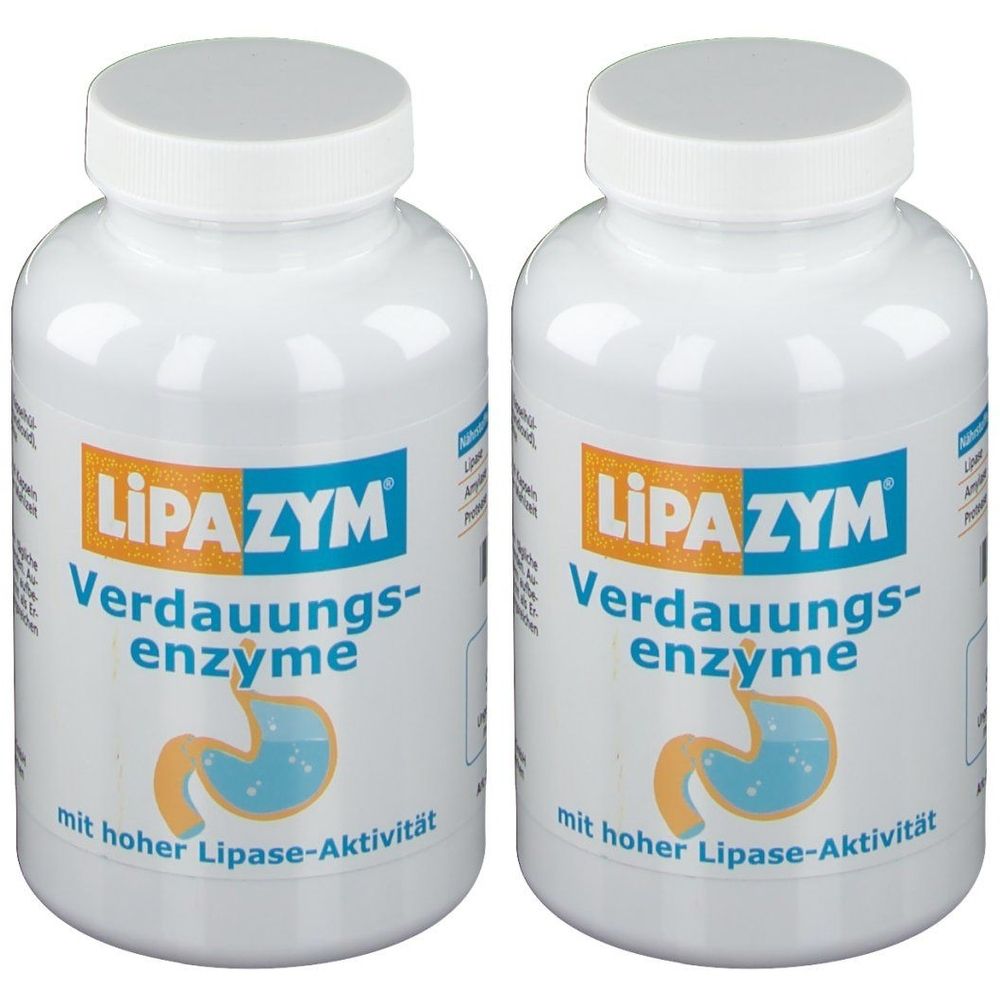 Zwei weiße Flaschen mit Schraubverschluss. Aufschrift: Lipazym Verdauungsenzyme, mit hoher Lipase-Aktivität. Logo mit Magen-Abbildung.