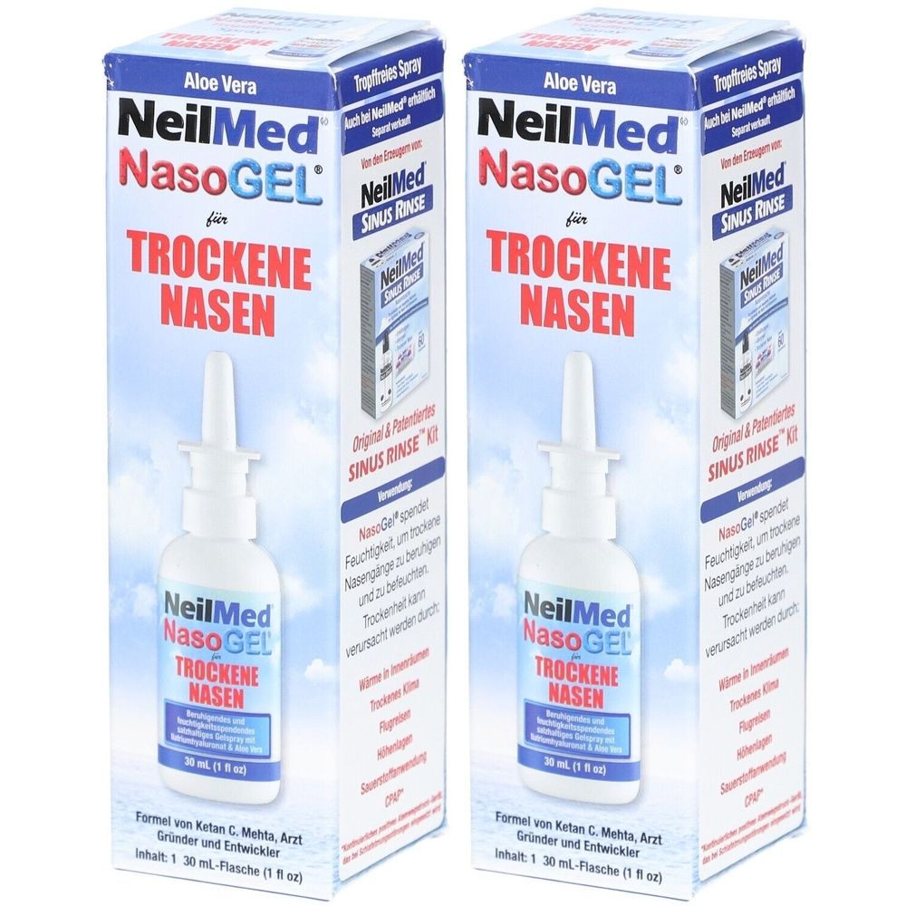 Zwei Packungen NasoGEL-Spray. Weiße Flaschen mit Sprühkopf, in Kartons. Aufdruck: NeilMed NasoGEL für trockene Nasen. Aloe Vera.