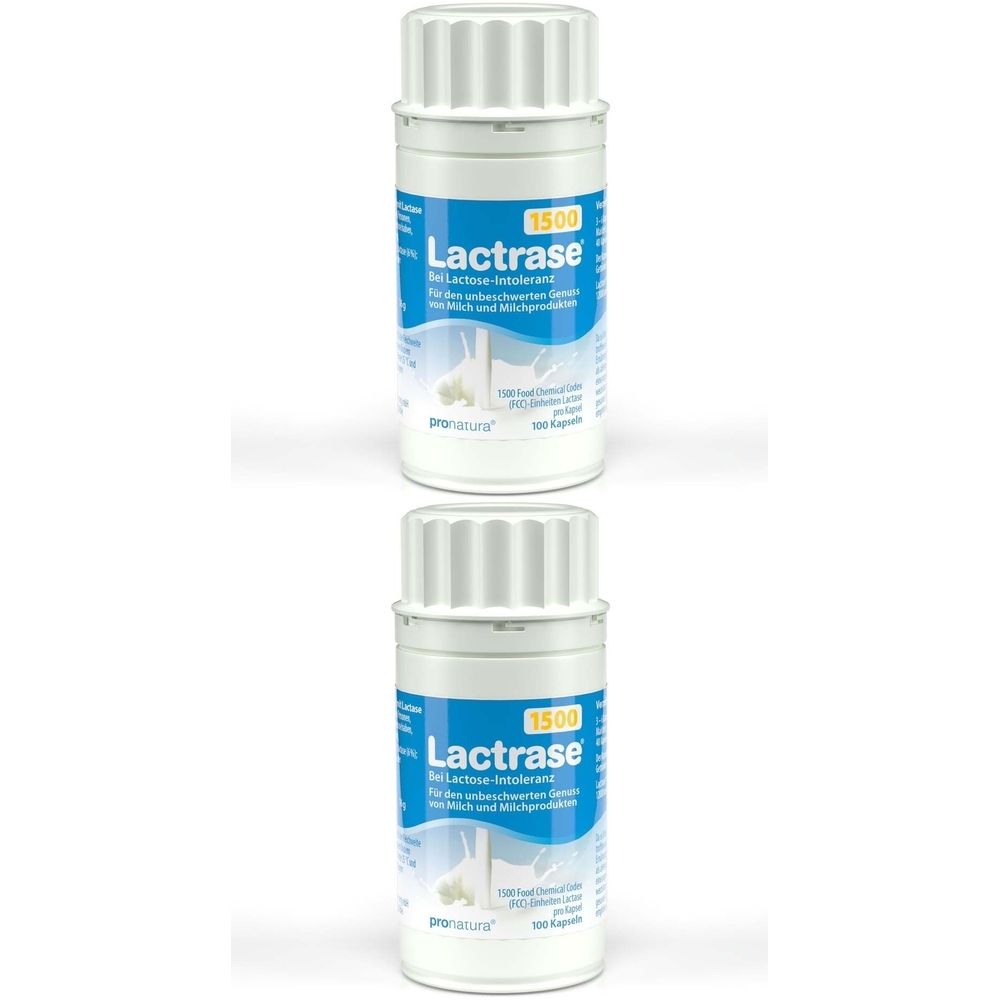 Zwei weiße Flaschen mit blauem Etikett. Aufschrift Lactrase 1500. Kapseln bei Laktoseintoleranz. 100 Kapseln.