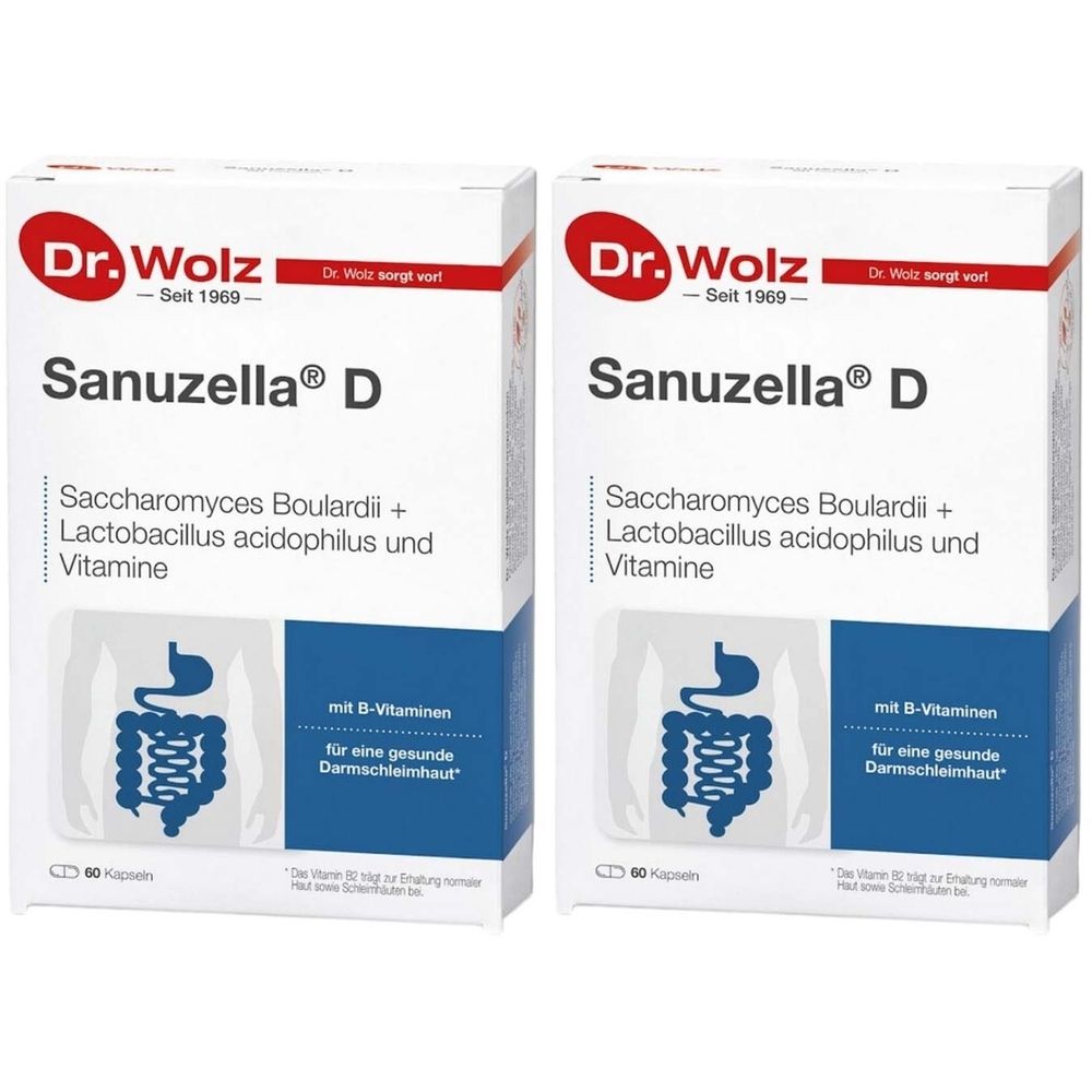 Zwei rechteckige Schachteln Sanuzella® D. Aufschrift: Dr. Wolz, Sanuzella® D, Saccharomyces Boulardii + Lactobacillus acidophilus und Vitamine.
