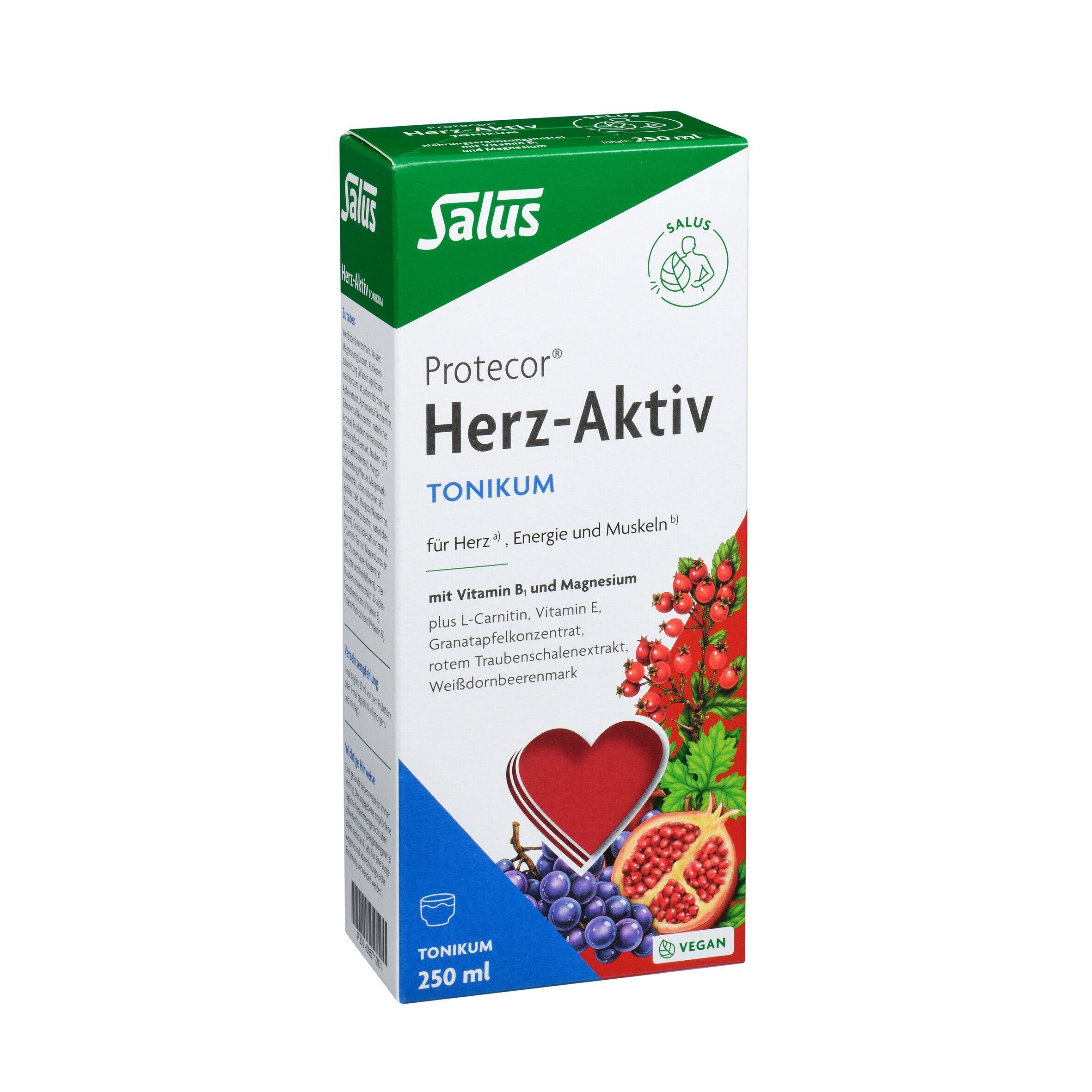 Vorderansicht einer Flasche Salus Protecor Herz-Aktiv Tonikum (250 ml) in grüner und weißer Verpackung.