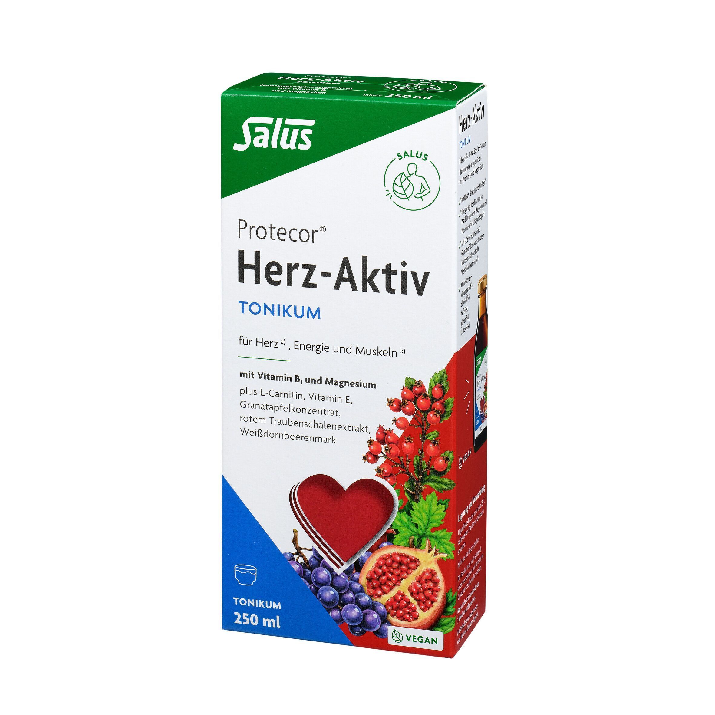 Seitenansicht einer Flasche Salus Protecor Herz-Aktiv Tonikum (250 ml) in grüner und weißer Verpackung.