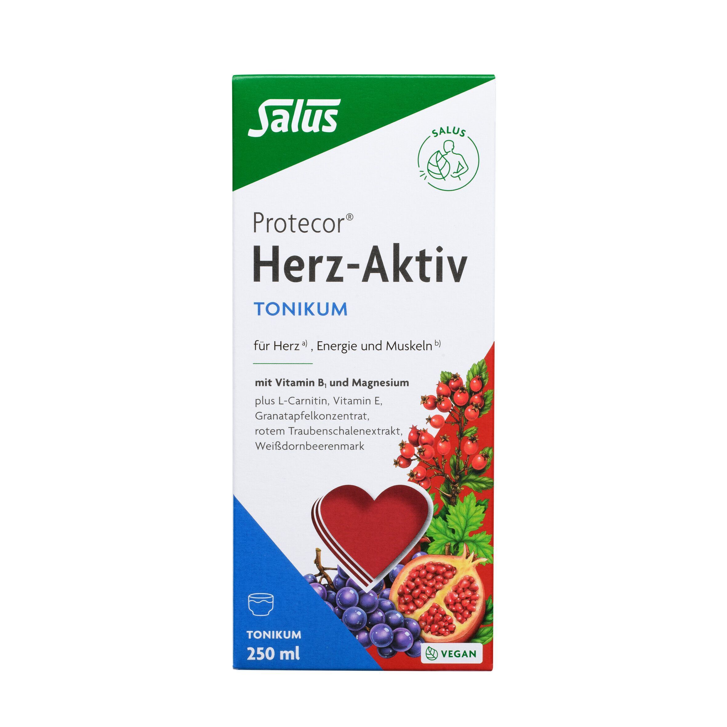 Rückansicht einer Flasche Salus Protecor Herz-Aktiv Tonikum (250 ml) in grüner und weißer Verpackung.