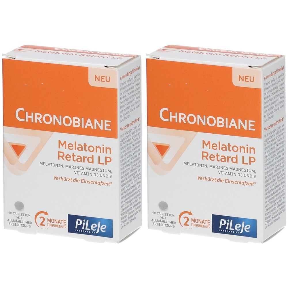 Zwei weiße Schachteln mit orangefarbenem Deckel. Aufschrift: CHRONOBIANE, Melatonin Retard LP. Enthält Melatonin, Magnesium, Vitamin D3 und E. Neu.