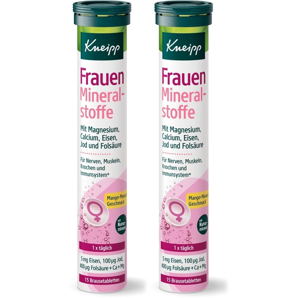 Zwei Tuben Kneipp Frauen Mineralstoffe Brausetabletten. Weiße Tuben mit grünen Deckeln. Text: Frauen Mineralstoffe, Inhaltsstoffe, 15 Brausetabletten.
