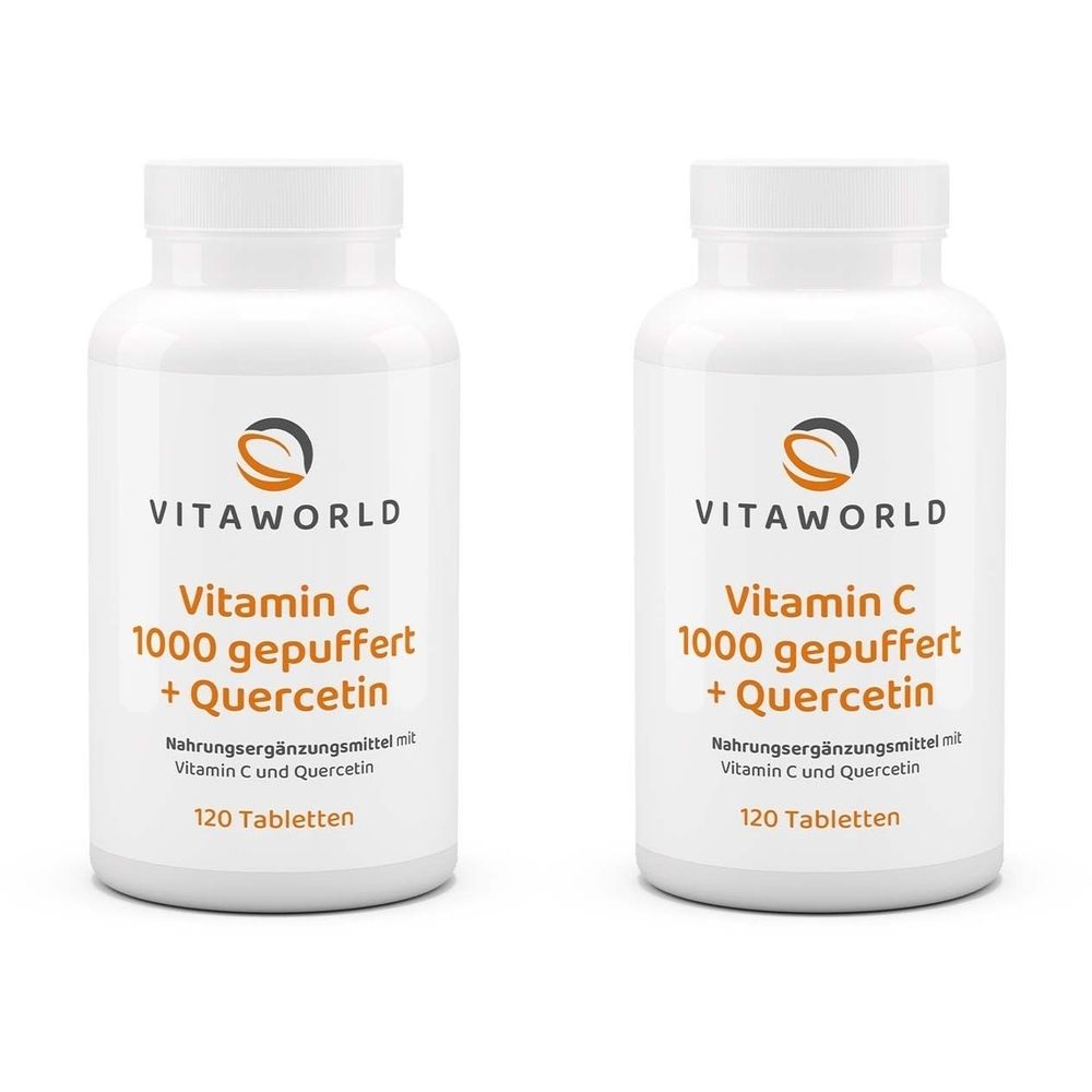 Zwei weiße Flaschen mit Schraubverschluss. Aufschrift: VitaWorld, Vitamin C 1000 gepuffert + Quercetin, 120 Tabletten. Nahrungsergänzungsmittel.
