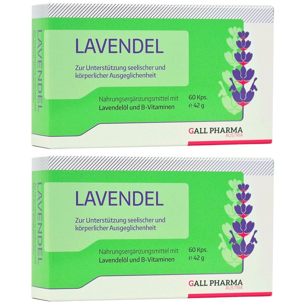 Zwei grüne Schachteln mit dem Wort "LAVENDEL". Text: Nahrungsergänzungsmittel mit Lavendelöl und B-Vitaminen. Marke: GALL PHARMA.