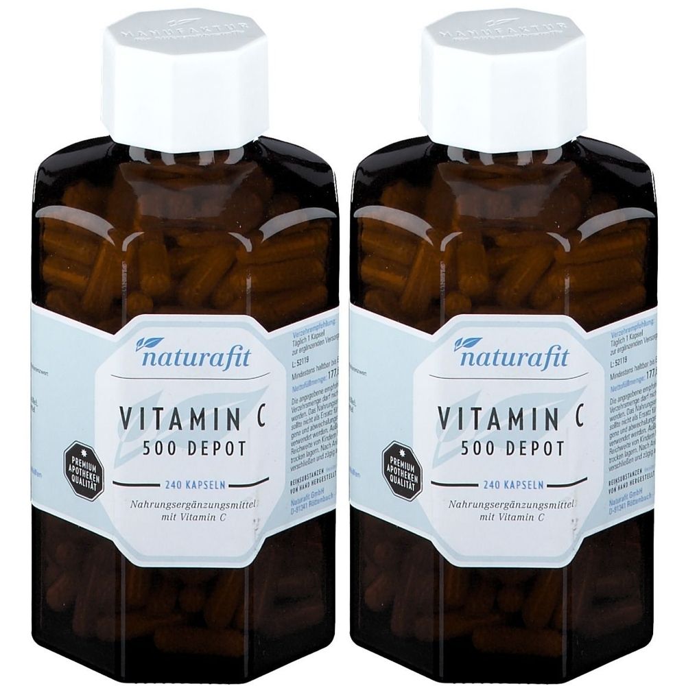 Zwei Flaschen naturafit Vitamin C 500 Depot. Braune Kapseln in braunen Flaschen. Weiße Deckel. Etikett mit Produktinformationen.
