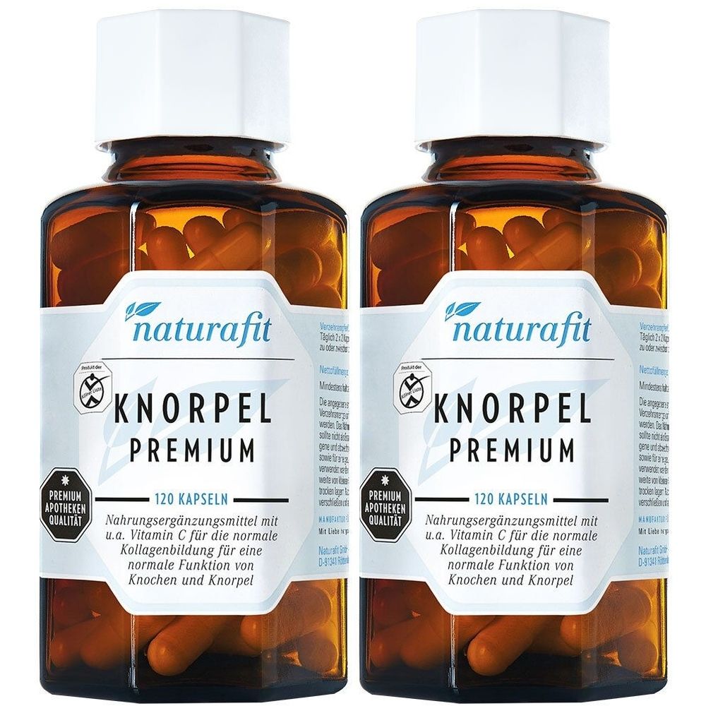 Zwei braune Glasflaschen mit weißen Deckeln. Auf den Etiketten steht "naturafit KNORPEL PREMIUM". 120 Kapseln. Apotheken Qualität.