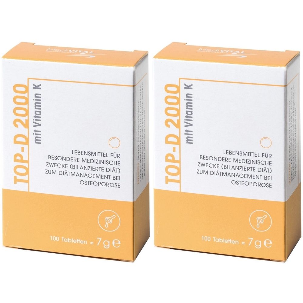 Zwei rechteckige Kartons mit der Aufschrift TOP-D 2000 mit Vitamin K. Aufschrift: Lebensmittel für besondere medizinische Zwecke.
