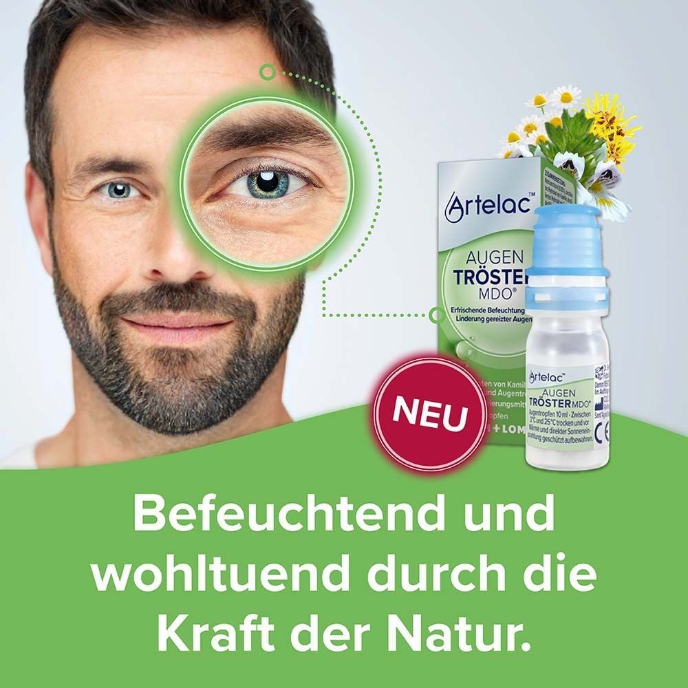 Mann mit Lupe am Auge, daneben Artelac AUGEN TRÖSTER MDO® Fläschchen und Schachtel.