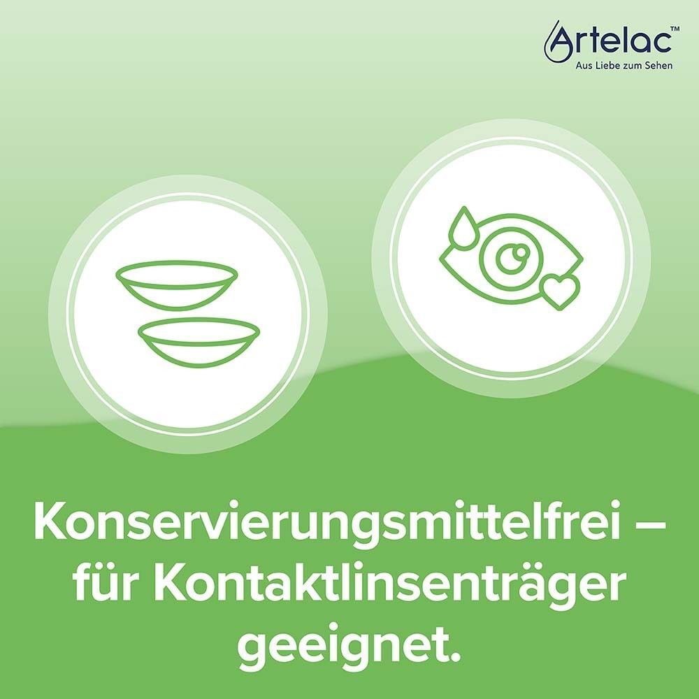 Symbole für Kontaktlinsen und ein Auge mit Tropfen, Hinweis 'Konservierungsmittelfrei'.