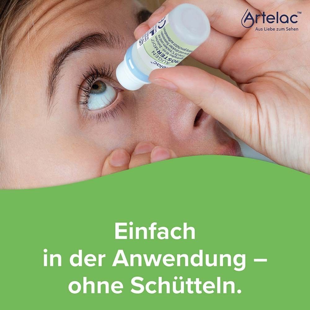 Hand tropft Artelac AUGEN TRÖSTER MDO® in ein Auge.
