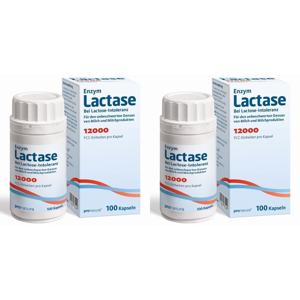 Zwei weiße Flaschen und zwei Schachteln mit Enzym Lactase. Aufschrift: 12000, Bei Lactose-Intoleranz. 100 Kapseln.