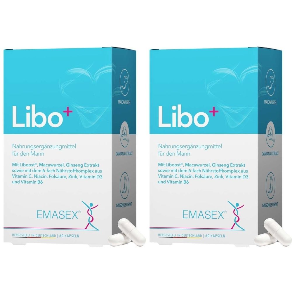 Zwei Packungen EMASEX® Libo+ Nahrungsergänzungsmittel. Blaue und weiße Verpackung mit Produktnamen und Inhaltsangaben. Weiße Kapseln liegen daneben.