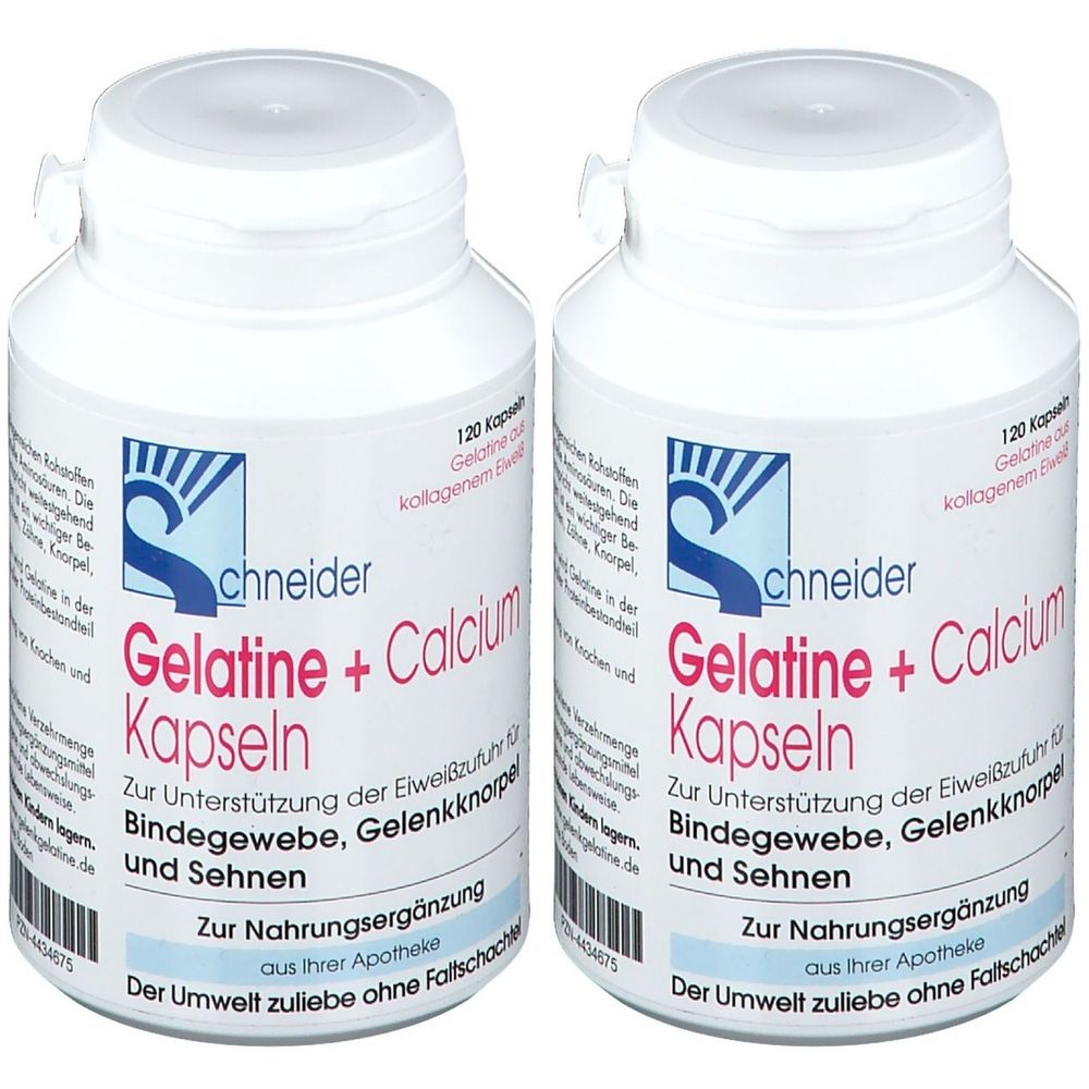 Zwei weiße Flaschen mit Schraubverschluss. Aufschrift: Gelatine + Calcium Kapseln, Marke Schneider. 120 Kapseln. Zur Nahrungsergänzung.
