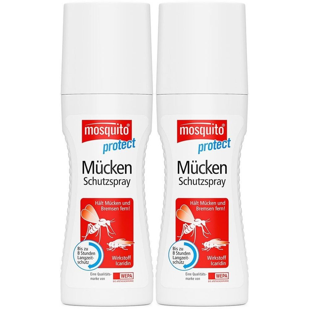 Zwei weiße Sprühflaschen mit roter und schwarzer Beschriftung. Aufschrift: mosquito protect Mücken-Schutzspray. Enthält Icaridin.