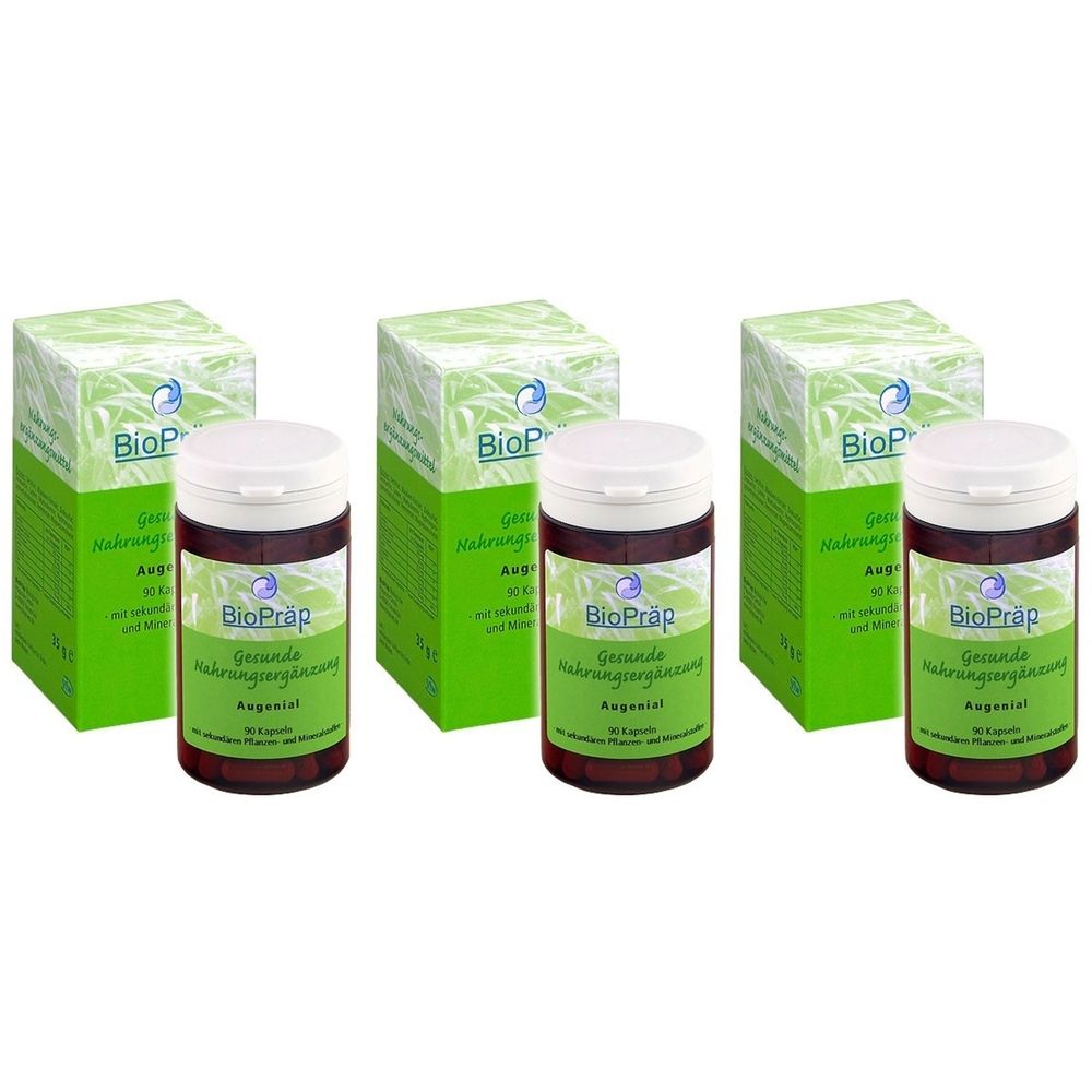 Drei Flaschen und drei Schachteln Augenial Kapseln. Die Flaschen sind braun mit weißen Deckeln. Die Schachteln sind grün mit weißer Schrift.