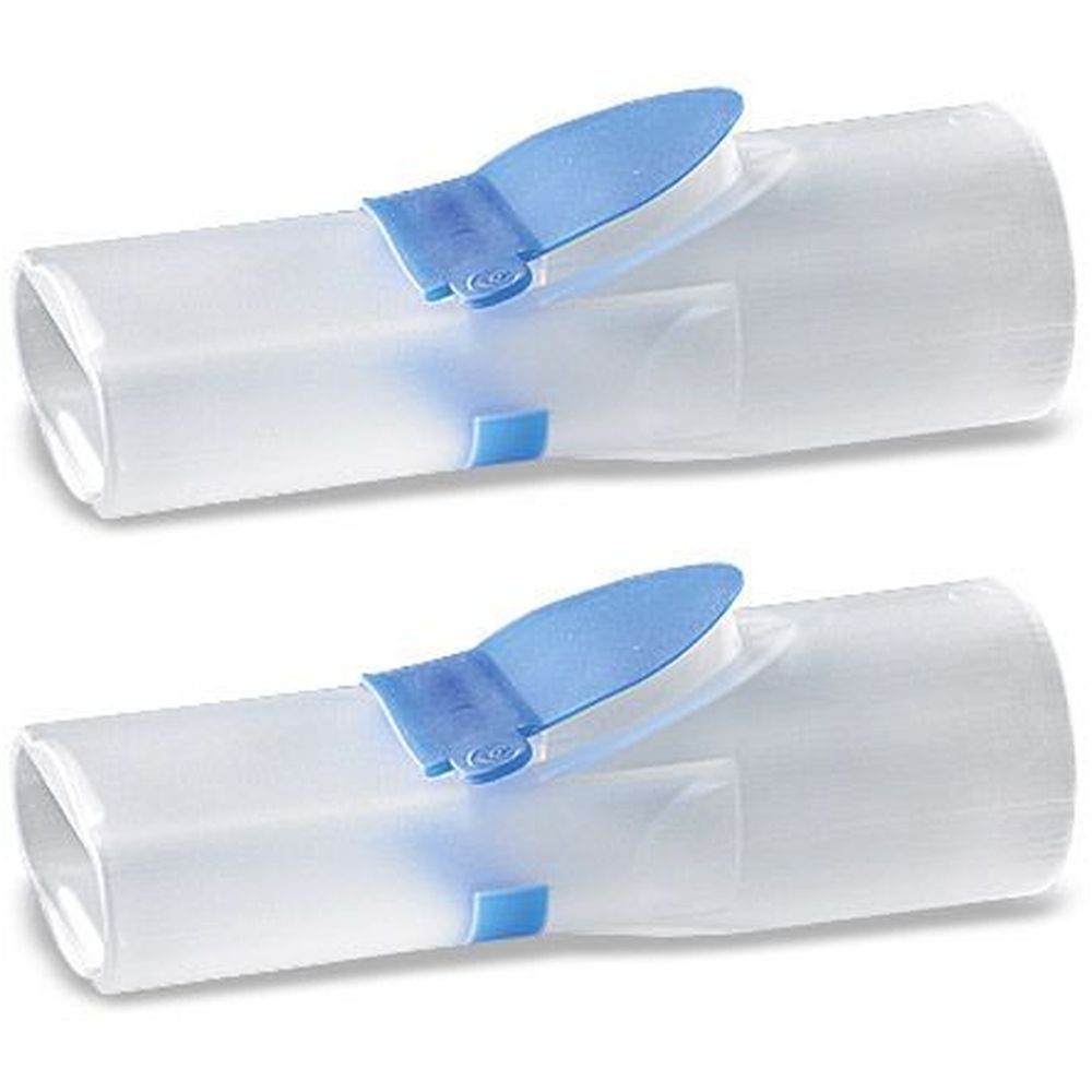 Zwei transparente Mundstücke mit blauen Clips. Zylindrische Form mit ovaler Öffnung. Kunststoffmaterial.