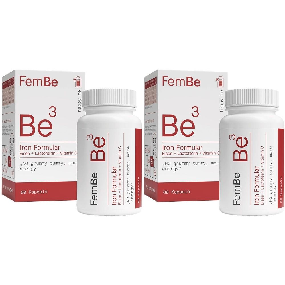 Zwei Packungen und zwei Flaschen FemBe Be3 Iron Formular. Aufschrift: Eisen, Lactoferrin, Vitamin C. Weiße Flaschen mit roter Beschriftung.