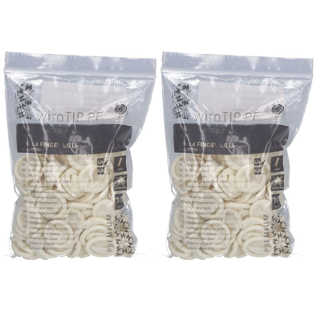 Zwei Beutel mit Latex-Fingerlingen. Jeder Beutel enthält eine Vielzahl von Fingerlingen. Aufschrift: WiroTIP PF, LA FINGE LOTS.