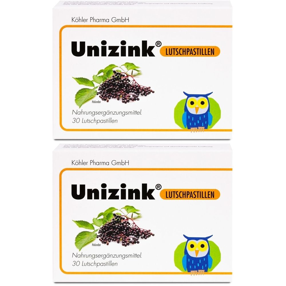 Zwei Schachteln Unizink Lutschpastillen. Aufdruck: Unizink, Lutschpastillen, Nahrungsergänzungsmittel, 30 Lutschpastillen. Mit Illustrationen.