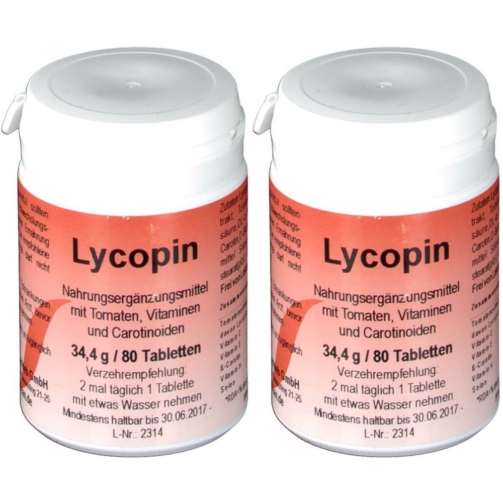 Zwei weiße Dosen mit rotem Etikett. Aufschrift: Lycopin, Nahrungsergänzungsmittel mit Tomaten, Vitaminen und Carotinoiden. 34,4 g / 80 Tabletten.