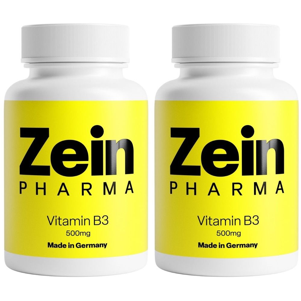 Zwei weiße Flaschen mit gelben Etiketten. Auf den Etiketten steht "Zein Pharma Vitamin B3 500mg". Hergestellt in Deutschland.