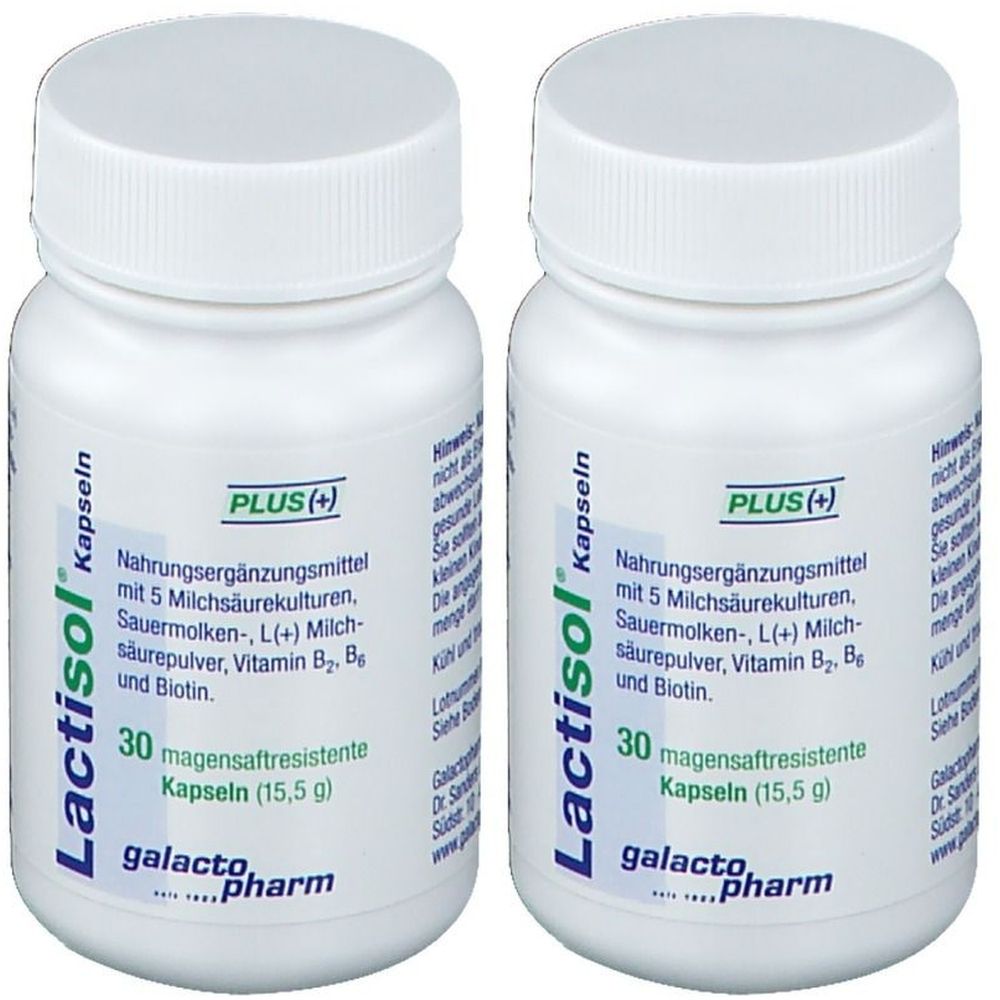 Zwei weiße Flaschen mit Schraubverschluss. Aufschrift Lactisol Kapseln, PLUS(+), Nahrungsergänzungsmittel, 30 magensaftresistente Kapseln.