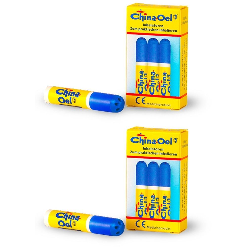 Zwei Packungen und zwei einzelne Inhalatoren. Gelbe Verpackung mit blauen und gelben Inhalatoren. CE-Kennzeichnung.