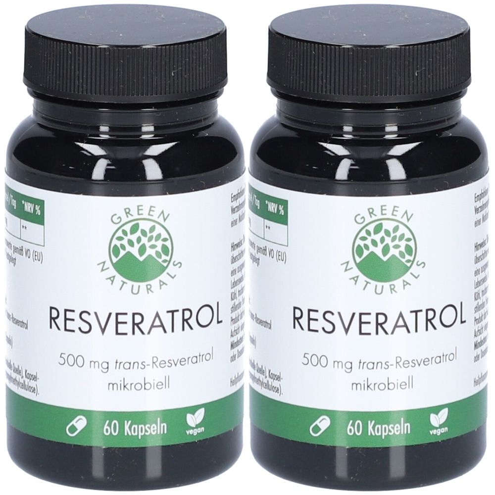 Zwei schwarze Flaschen mit weißen Etiketten. Auf den Etiketten steht "GREEN NATURALS RESVERATROL 500 mg". Jede Flasche enthält 60 Kapseln.