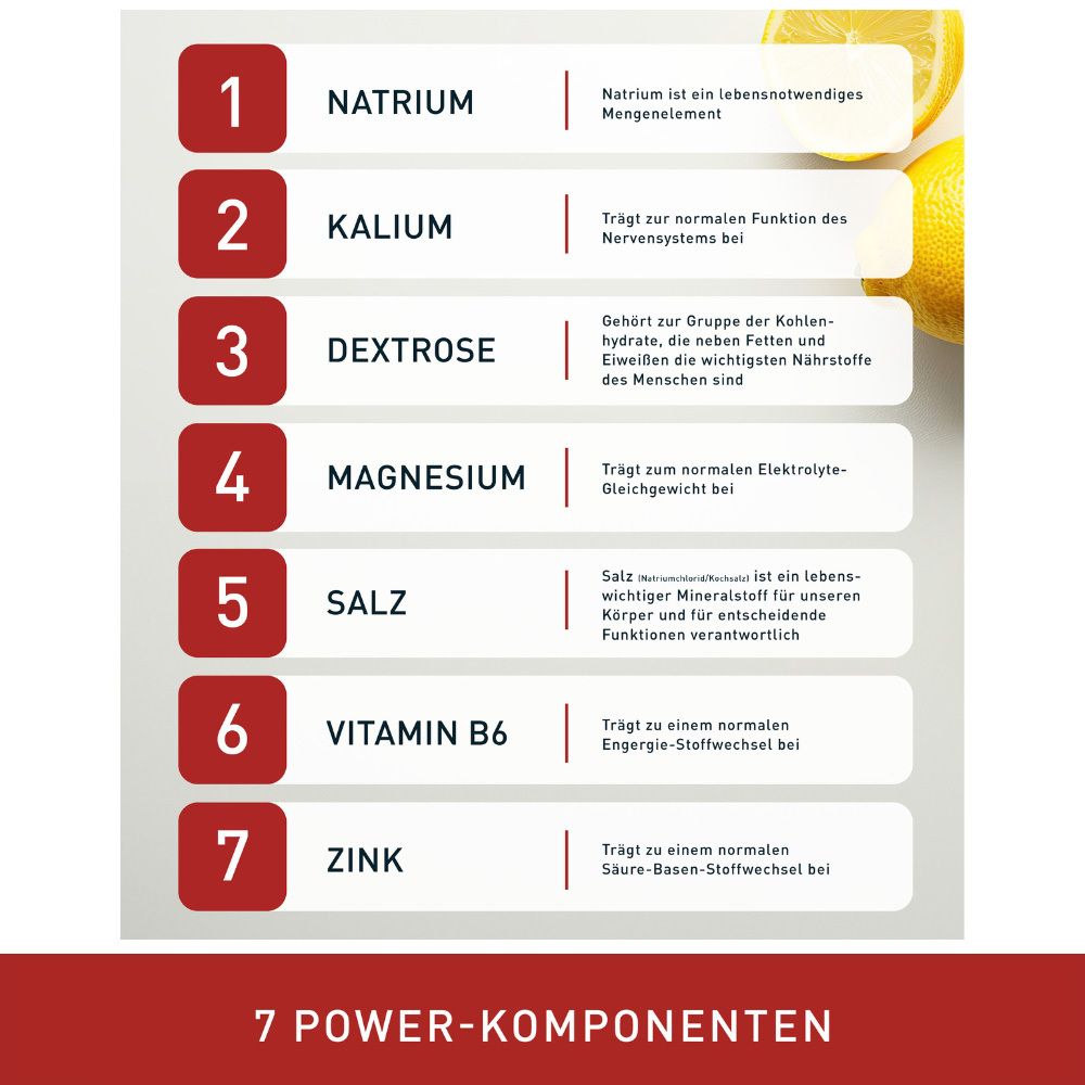 N1 Elo-Sticks: 7 Power-Komponenten wie Natrium, Kalium, Magnesium, Zink, Vitamin B6 für den Körper.