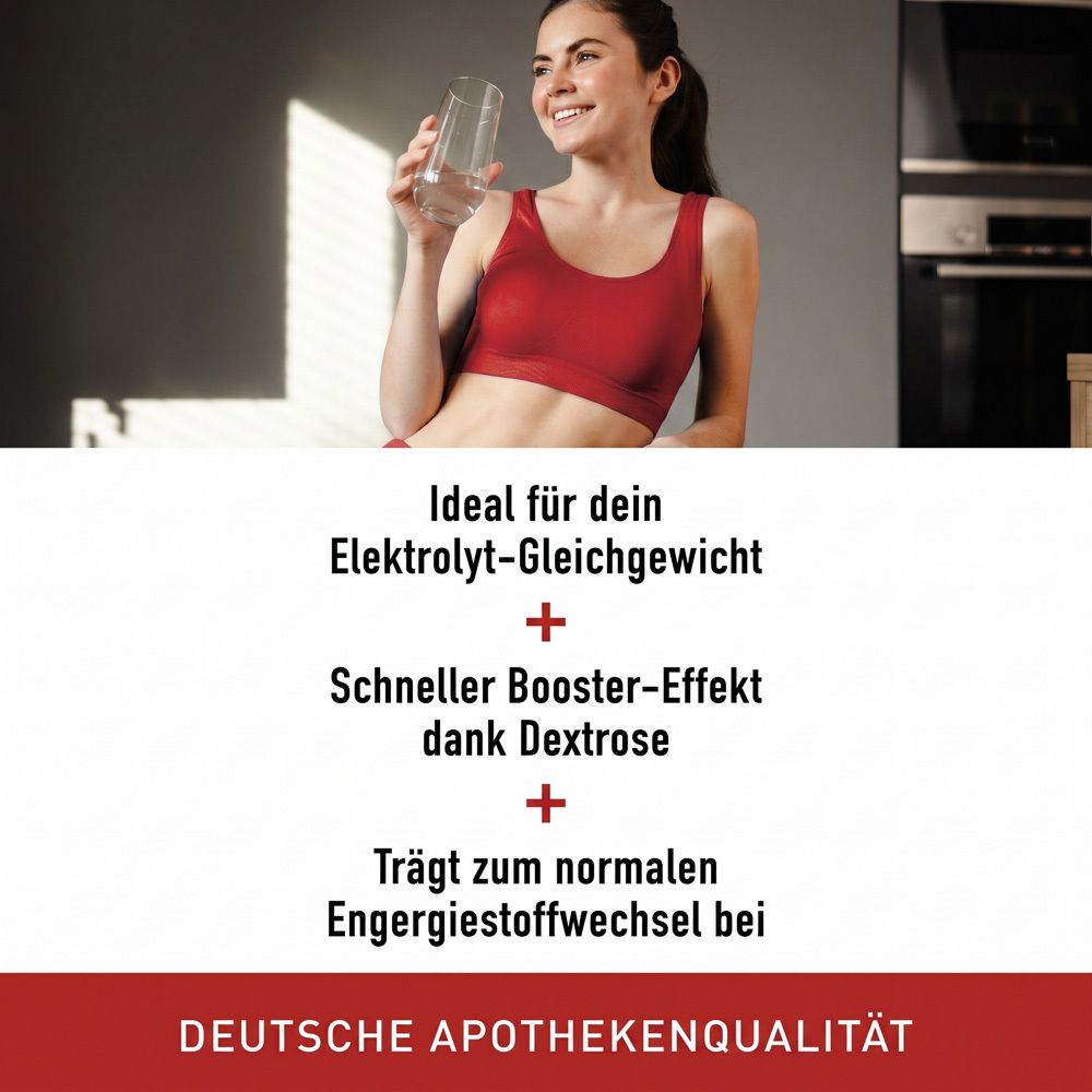 Frau trinkt N1 Elo-Sticks-Getränk. Ideal für Elektrolyt-Gleichgewicht, schneller Booster-Effekt, normaler Energiestoffwechsel.