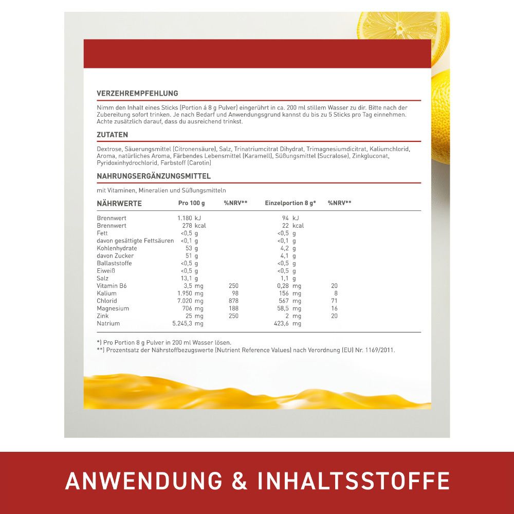 N1 Elo-Sticks: Anwendung & Inhaltsstoffe. Verzehrempfehlung: 1 Stick in 200ml Wasser auflösen.