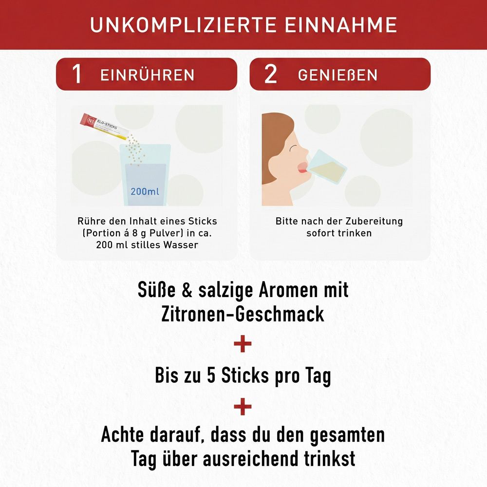 N1 Elo-Sticks: Unkomplizierte Einnahme. 1. Einrühren, 2. Genießen. Süße & salzige Aromen mit Zitronen-Geschmack.
