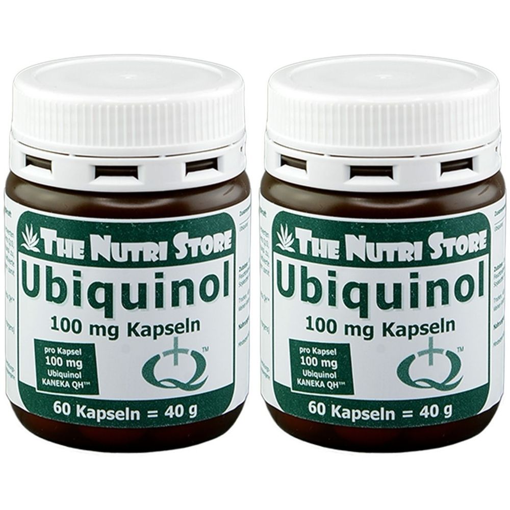 Zwei braune Dosen mit weißem Deckel. Aufschrift: Ubiquinol 100 mg Kapseln, The Nutri Store. 60 Kapseln, 40 g.