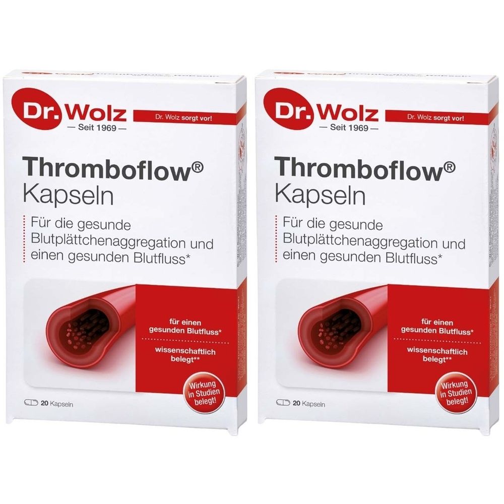 Zwei Schachteln Thromboflow® Kapseln. Aufschrift: Dr. Wolz, Kapseln, für gesunde Blutplättchenaggregation und gesunden Blutfluss. 20 Kapseln.